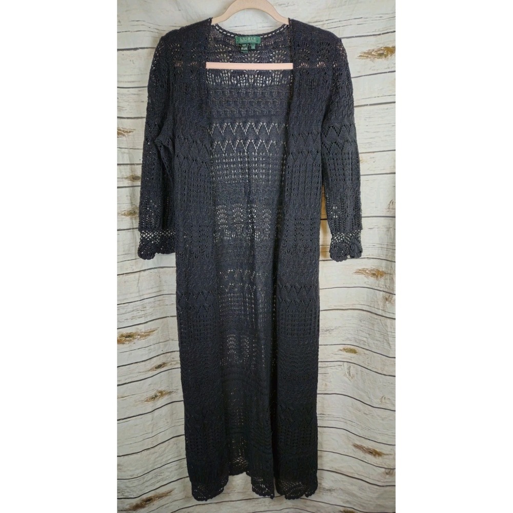 Ralph Lauren Black Pointelle Sweater Duster Cardigan L Open Boho Festival Linen